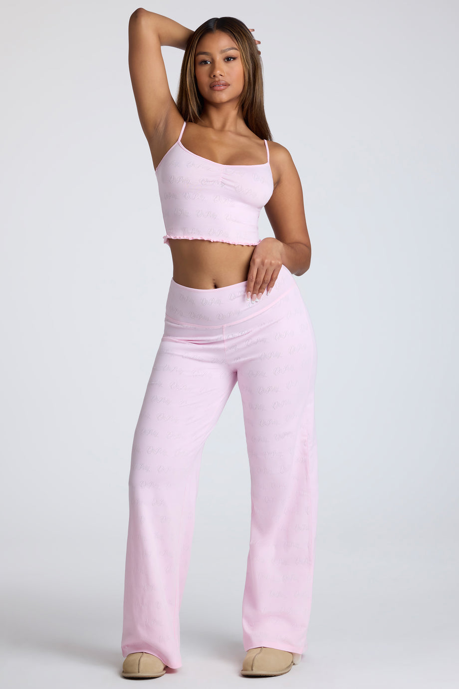 Mid Rise Straight Leg Pointelle Trousers in Baby Pink