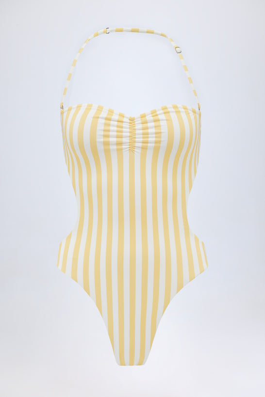 Cut-Out Halterneck Swimsuit in Lemon Yellow Stripe