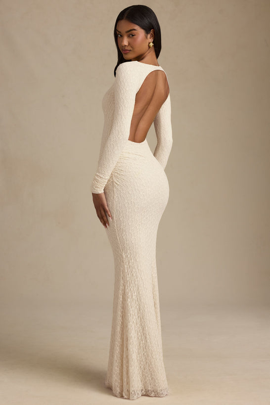 Ruched Backless Lace Maxi Dress in Ivory