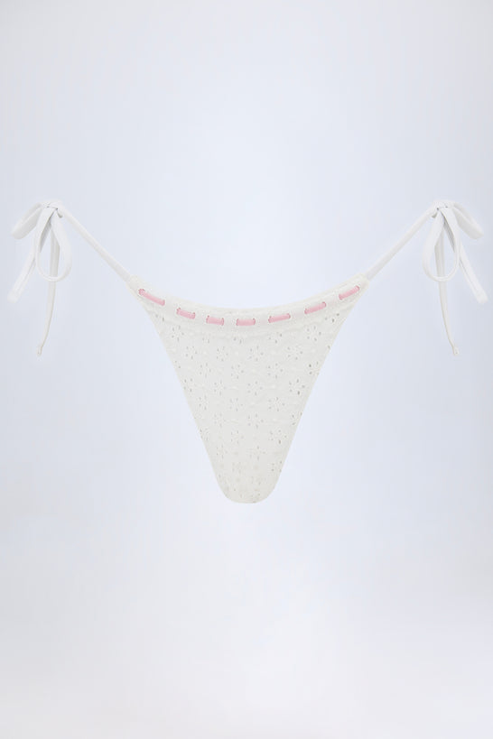 Broderie Anglaise Side-Tie Thong Bikini Bottoms in White